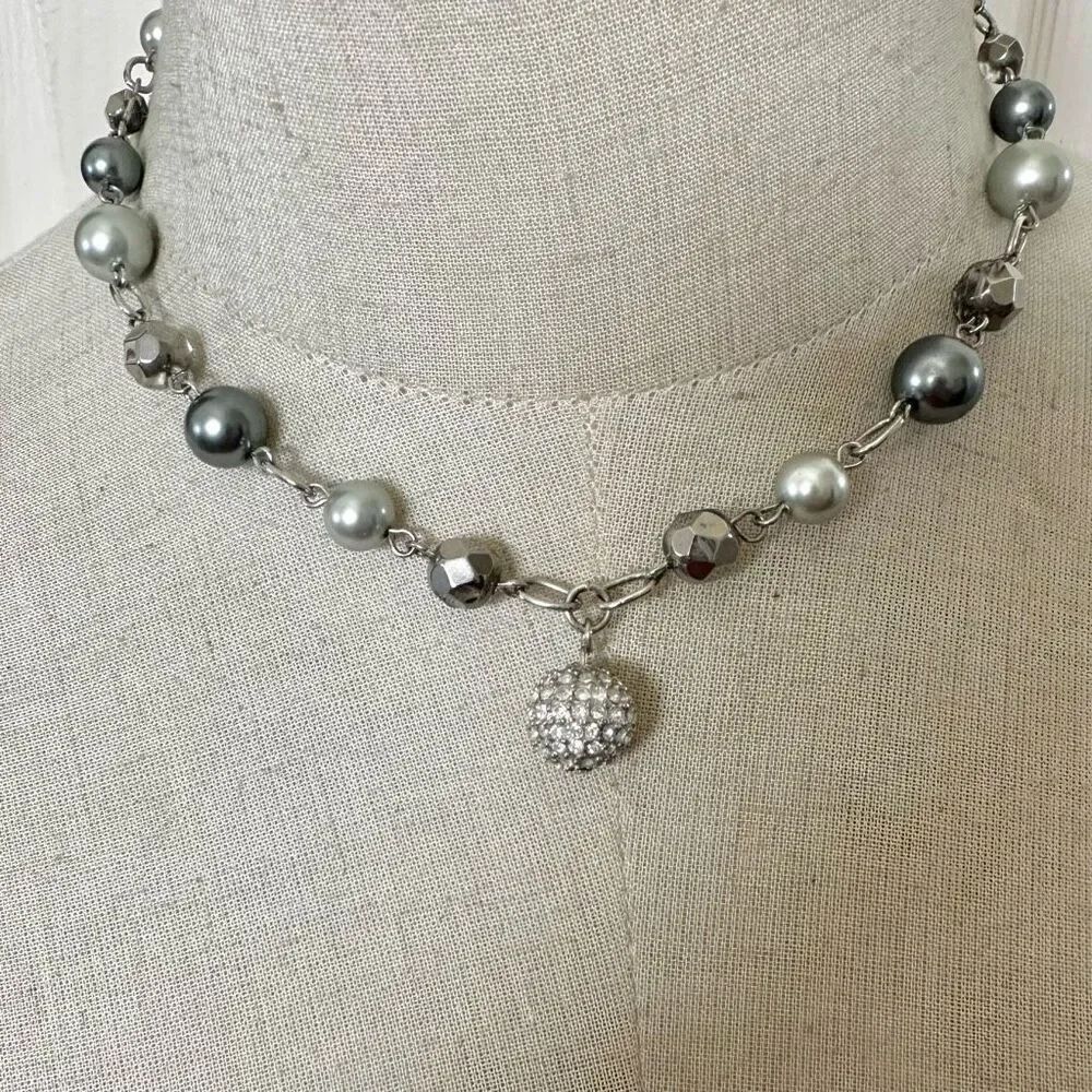 Grey faux pearl rhinestone ball pendant necklace